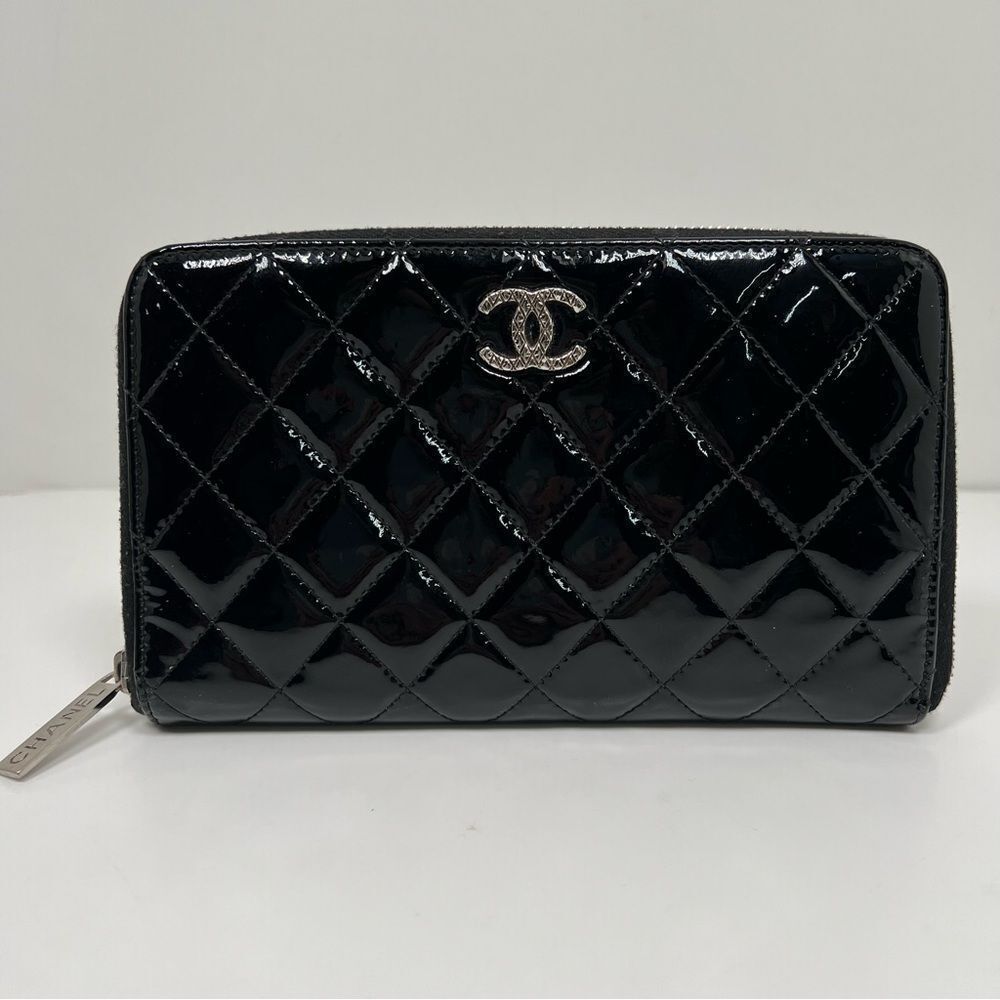Chanel Quilted Black Patent Leather Zip Around Wallet